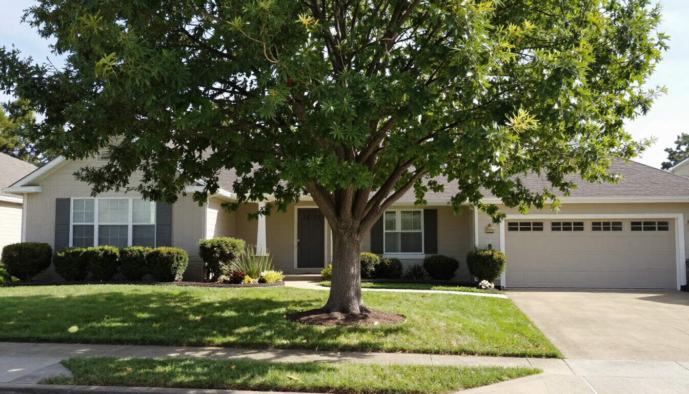 Mature shade tree in the front yard of a single-storey home